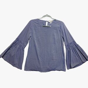 Solitaire Blouse Top Womens Medium Blue Bell Sleeve Stripe Bohemian